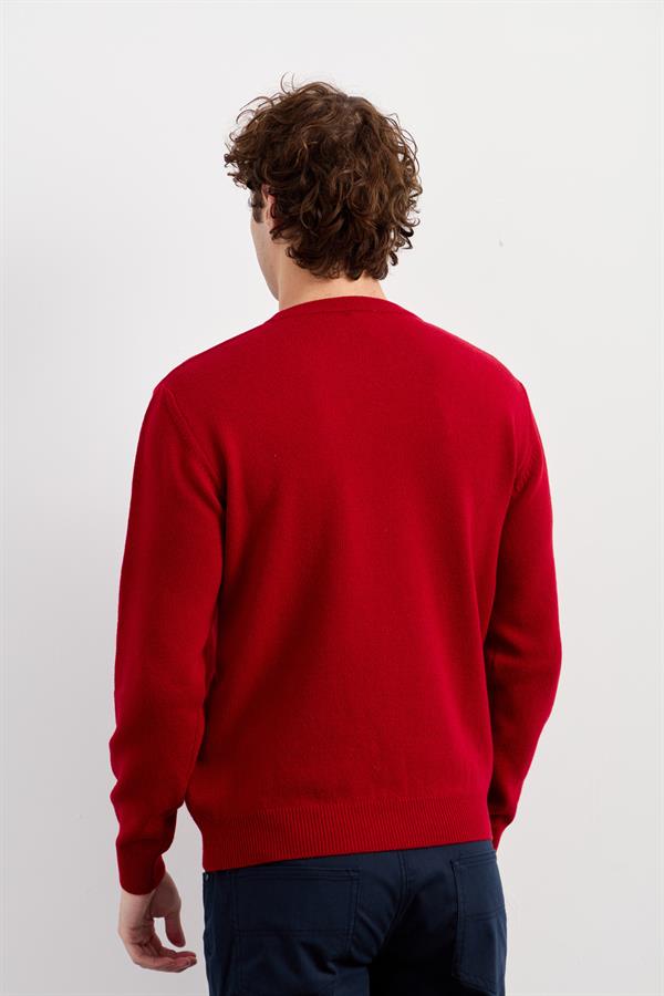 Мужской классический шерстяной свитер с круглым вырезом красный 
