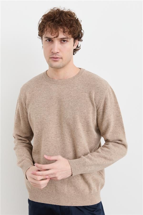 Мужской классический шерстяной свитер с круглым вырезом Бежевый
