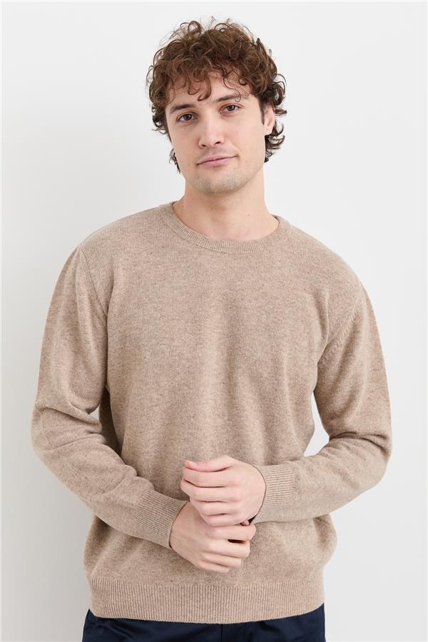 Мужской классический шерстяной свитер с круглым вырезом Бежевый