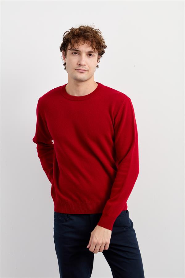 Мужской классический шерстяной свитер с круглым вырезом красный 