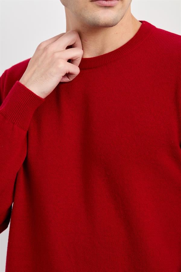 Мужской классический шерстяной свитер с круглым вырезом красный 