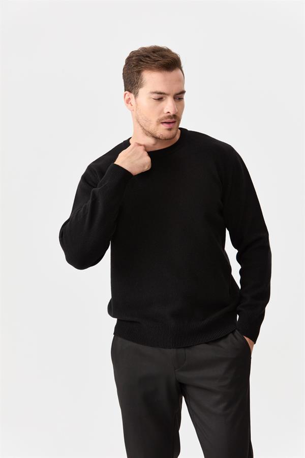 Мужской классический шерстяной свитер с круглым вырезом черный