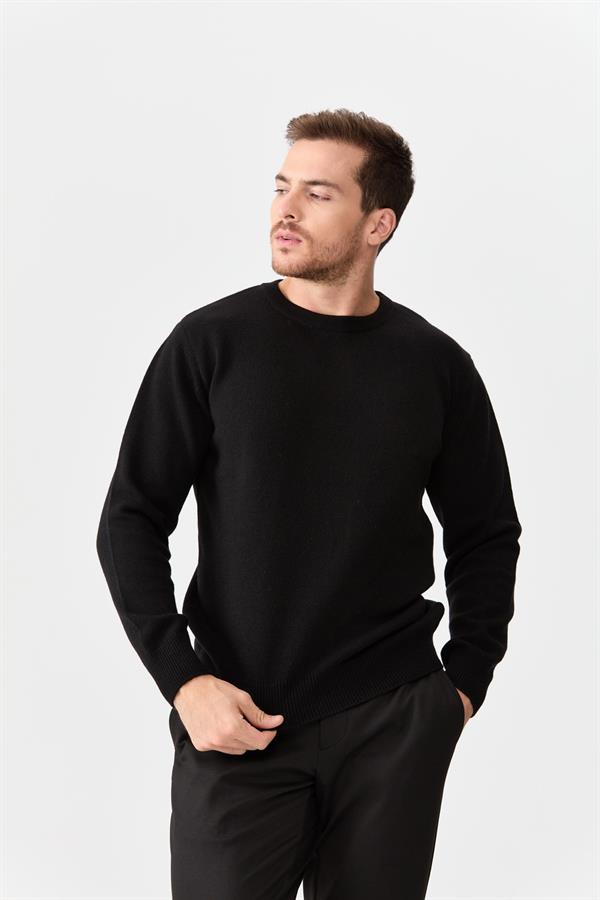 Мужской классический шерстяной свитер с круглым вырезом черный