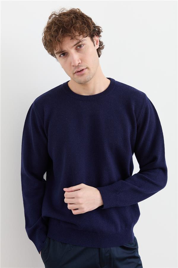 Мужской классический шерстяной свитер с круглым вырезом Светло-темно-синий