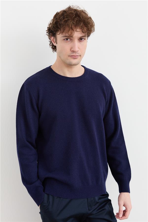 Мужской классический шерстяной свитер с круглым вырезом Светло-темно-синий