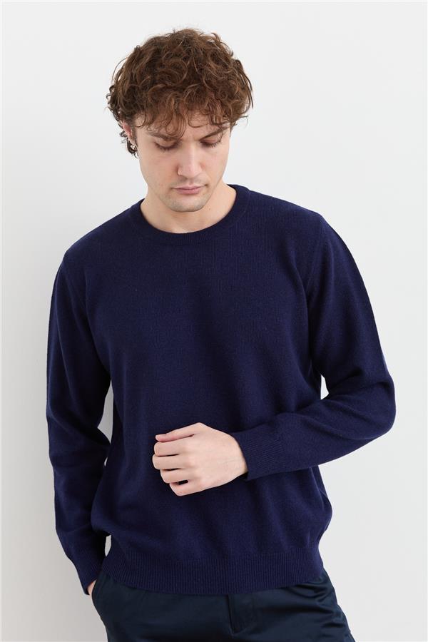 Мужской классический шерстяной свитер с круглым вырезом Светло-темно-синий