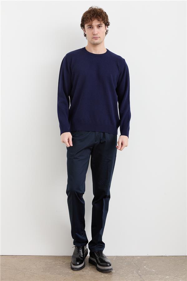 Мужской классический шерстяной свитер с круглым вырезом Светло-темно-синий