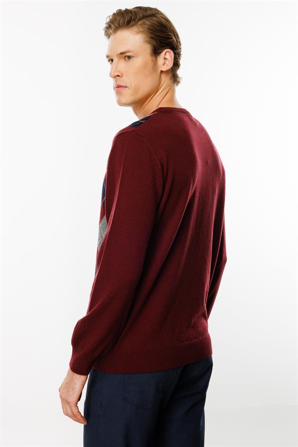 Erkek Sıfır Yaka Önü Baklava Desenli Kazak Bordo