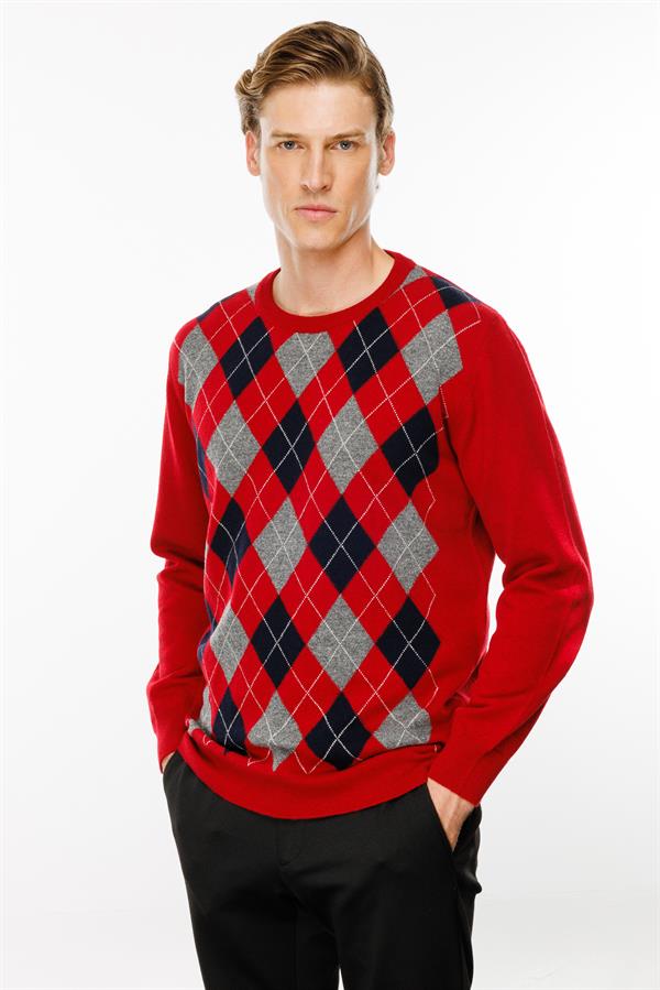 Erkek Sıfır Yaka Önü Baklava Desenli Kazak K.Kırmızı