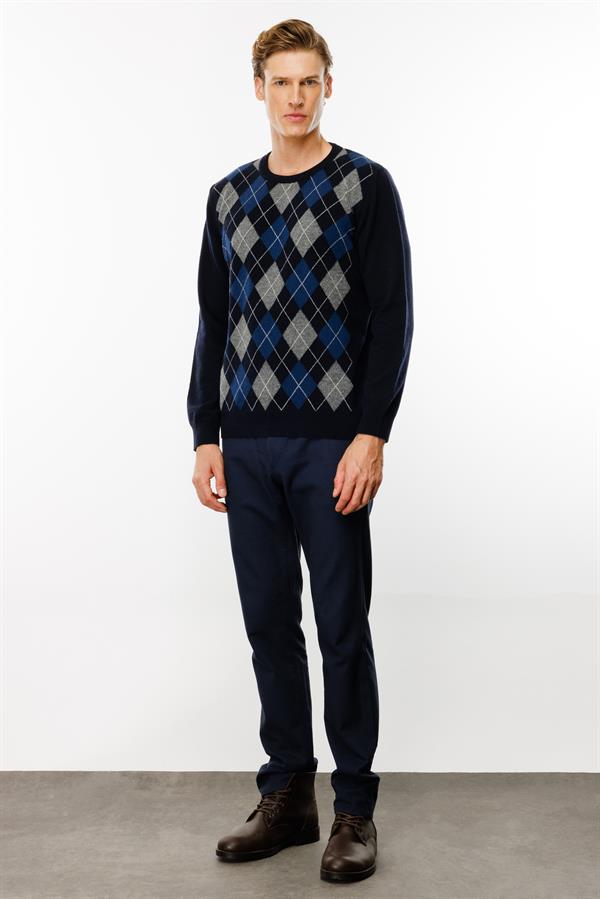 Erkek Sıfır Yaka Önü Baklava Desenli Kazak K.Lacivert