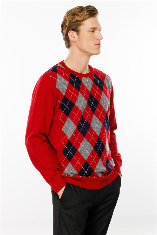 Erkek Sıfır Yaka Önü Baklava Desenli Kazak K.Kırmızı