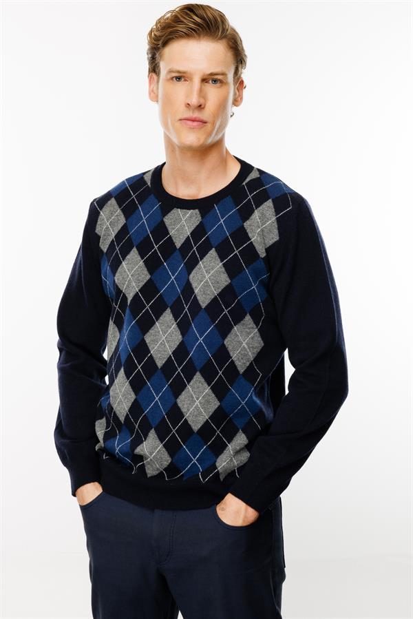 Erkek Sıfır Yaka Önü Baklava Desenli Kazak K.Lacivert