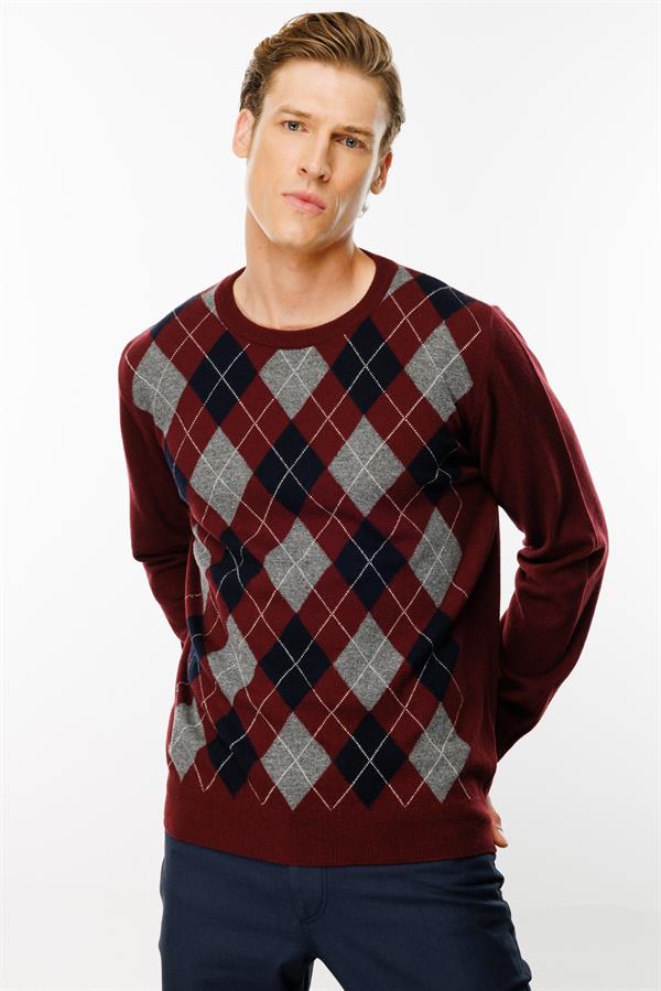 Erkek Sıfır Yaka Önü Baklava Desenli Kazak Bordo