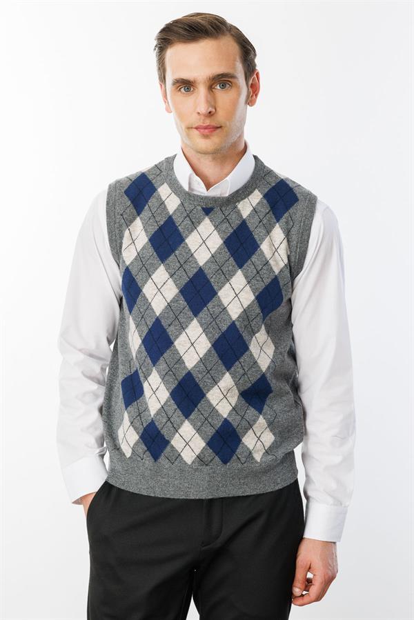 Erkek Sıfır Yaka Önü Baklava Desenli Yün Süveter Füme