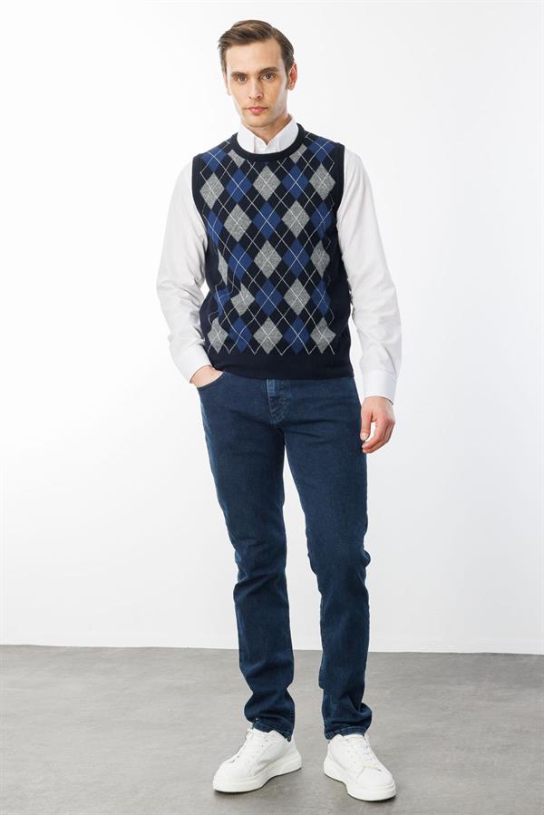 Erkek Sıfır Yaka Önü Baklava Desenli Yün Süveter K.Lacivert