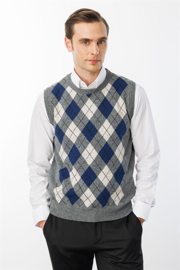 Erkek Sıfır Yaka Önü Baklava Desenli Yün Süveter Füme