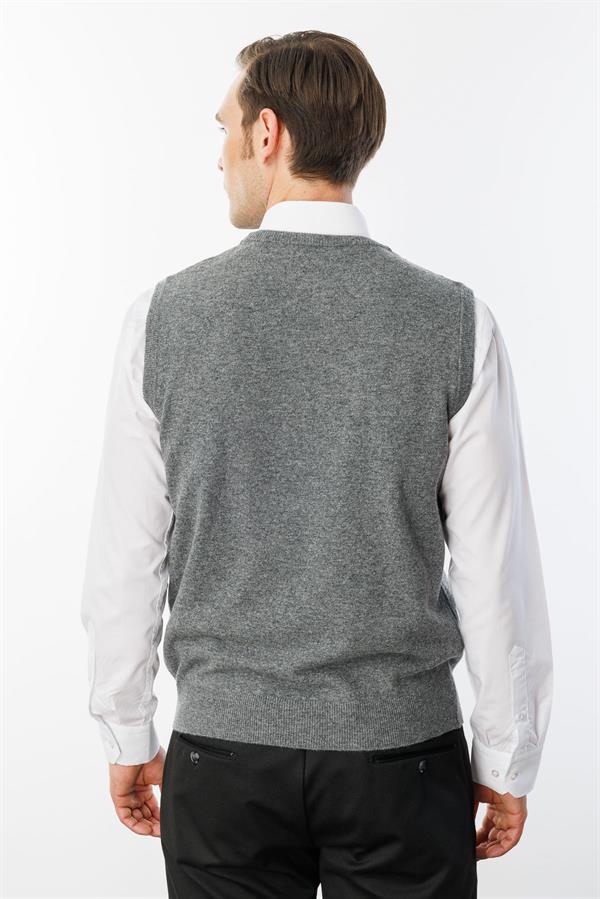 Erkek Sıfır Yaka Önü Baklava Desenli Yün Süveter Füme