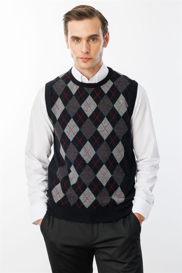 Erkek Sıfır Yaka Önü Baklava Desenli Yün Süveter Siyah