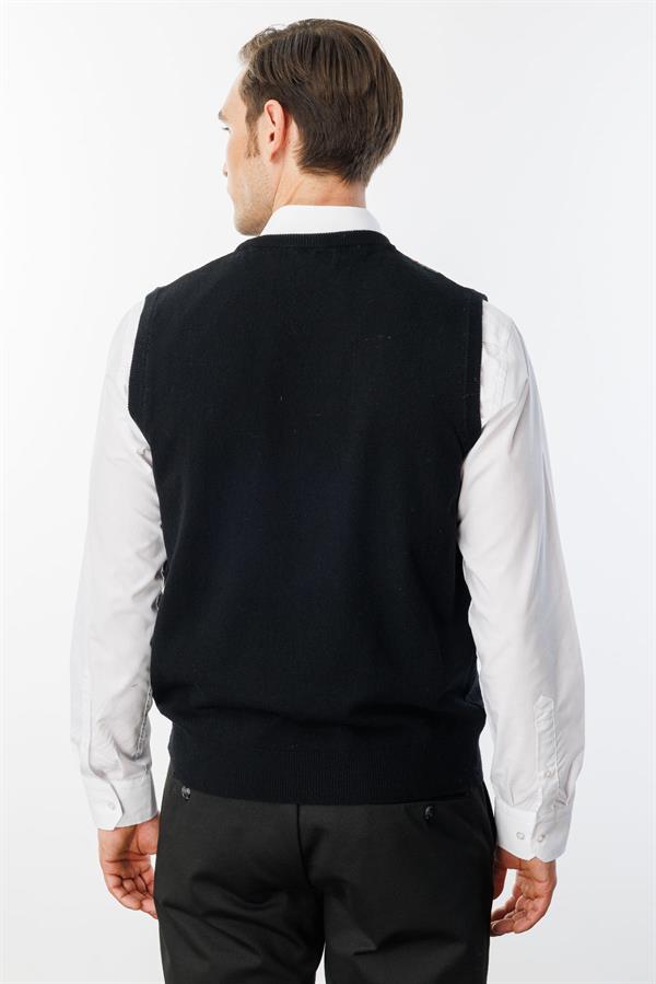 Erkek Sıfır Yaka Önü Baklava Desenli Yün Süveter Siyah