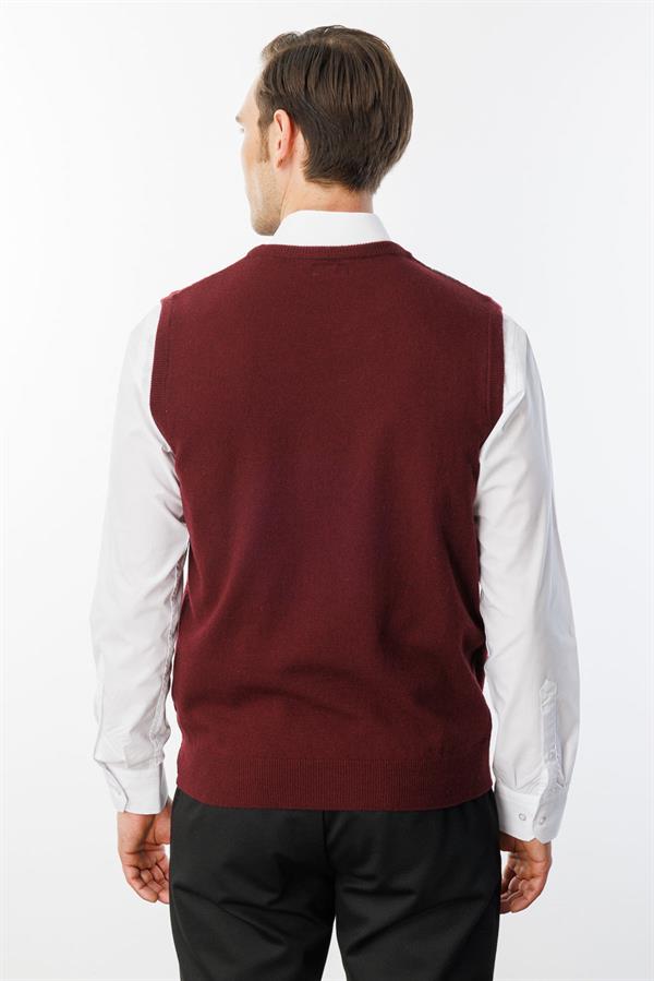 Erkek Sıfır Yaka Önü Baklava Desenli Yün Süveter Bordo