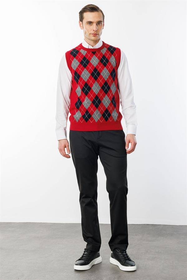 Erkek Sıfır Yaka Önü Baklava Desenli Yün Süveter K.Kırmızı