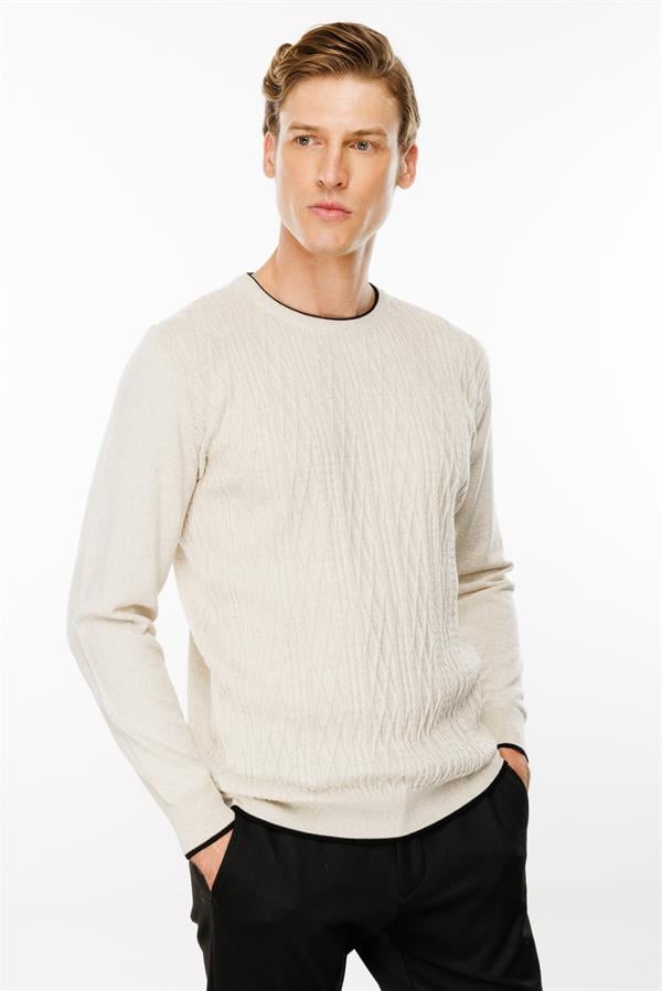 Erkek Sıfır Yaka Önü Baklava Örgü Kazak V.Bej