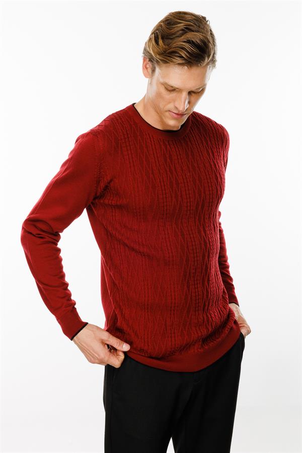 Erkek Sıfır Yaka Önü Baklava Örgü Kazak Bordo