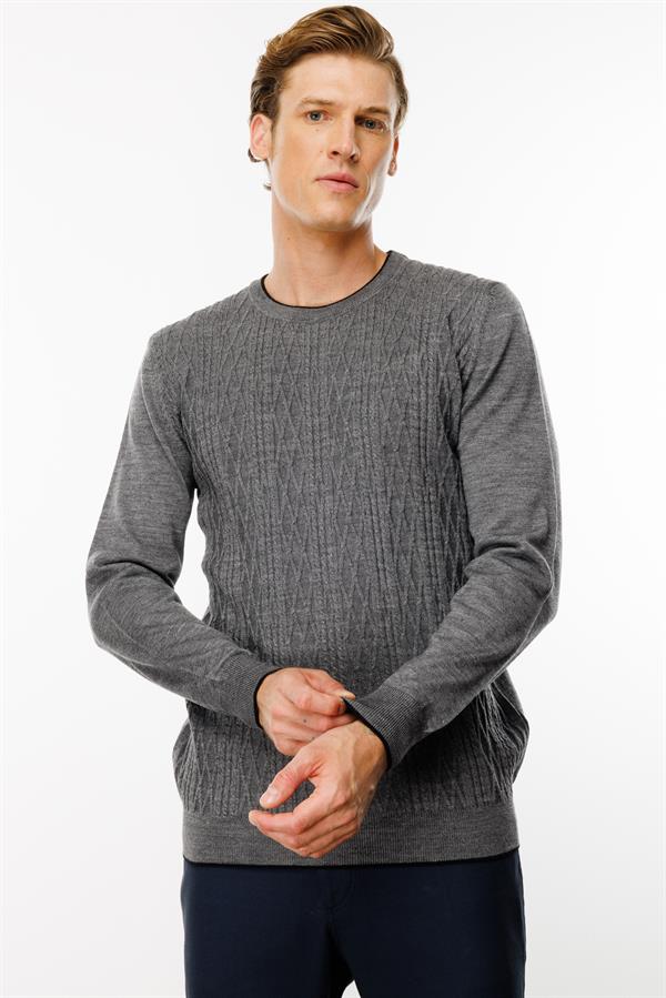 Erkek Sıfır Yaka Önü Baklava Örgü Kazak Füme