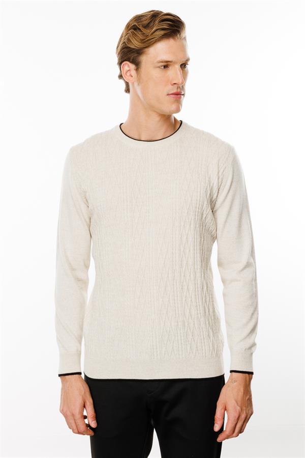 Erkek Sıfır Yaka Önü Baklava Örgü Kazak V.Bej