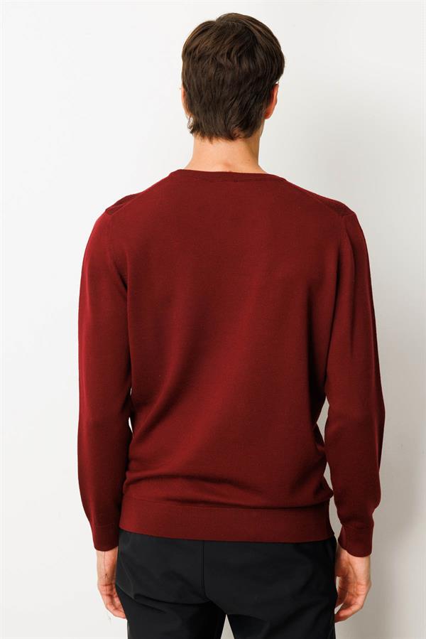 Erkek Sıfır Yaka Önü Baklavalı Triko Kazak Bordo