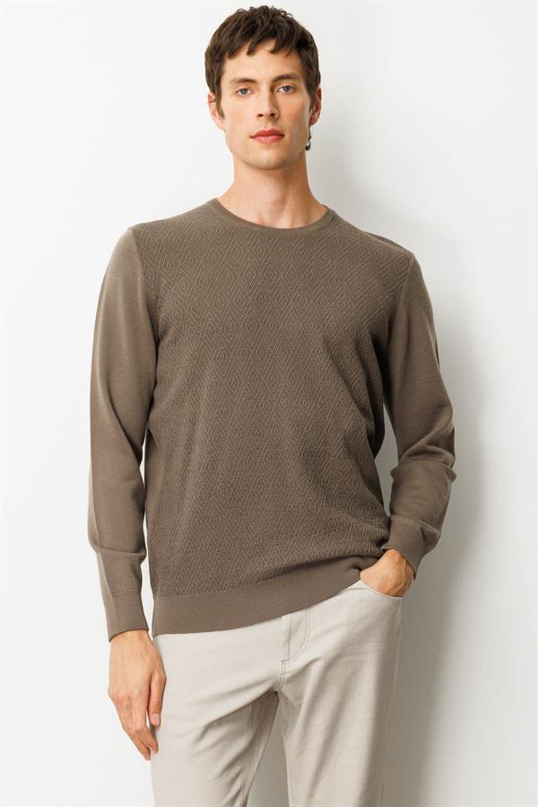 Erkek Sıfır Yaka Önü Baklavalı Triko Kazak Vizon