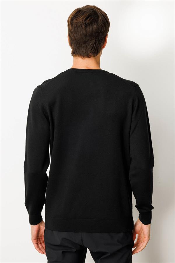 Erkek Sıfır Yaka Önü Baklavalı Triko Kazak Siyah