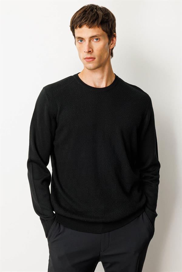 Erkek Sıfır Yaka Önü Baklavalı Triko Kazak Siyah