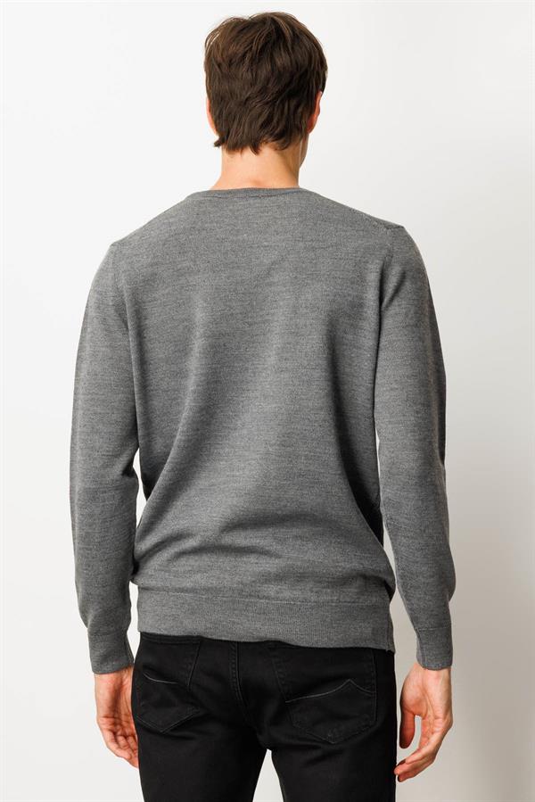 Erkek Sıfır Yaka Önü Baklavalı Triko Kazak Füme