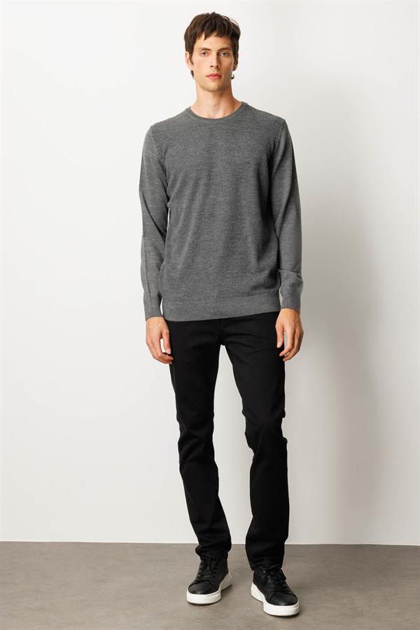 Erkek Sıfır Yaka Önü Baklavalı Triko Kazak Füme