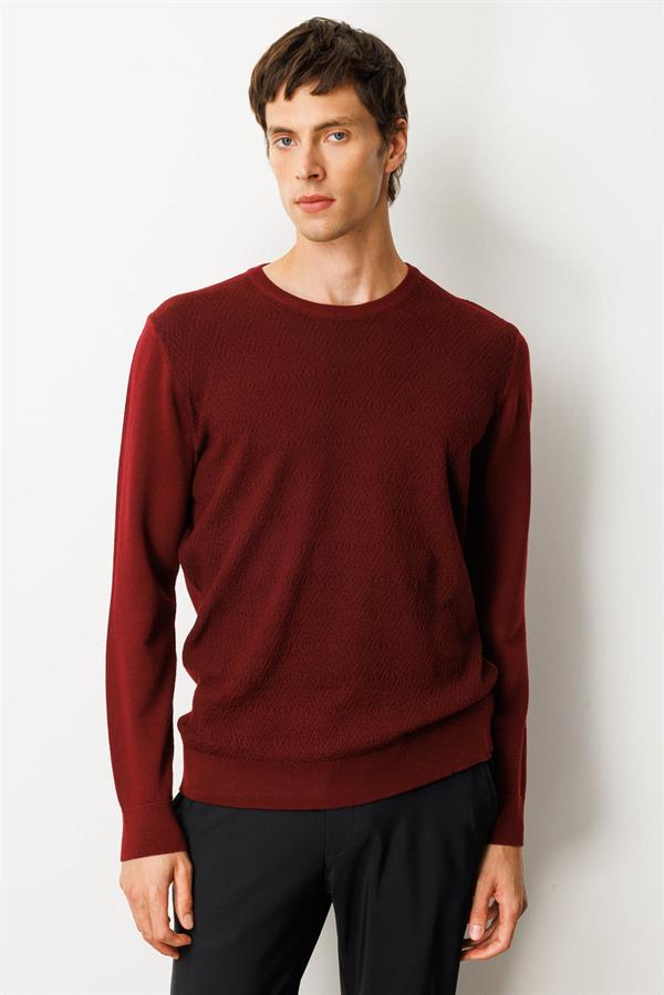 Erkek Sıfır Yaka Önü Baklavalı Triko Kazak Bordo