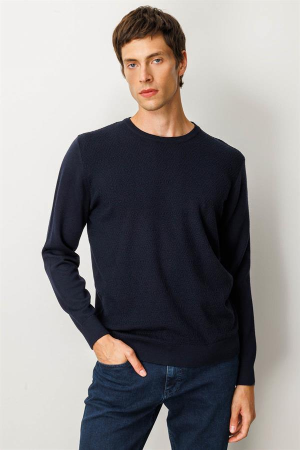 Erkek Sıfır Yaka Önü Baklavalı Triko Kazak K.Lacivert