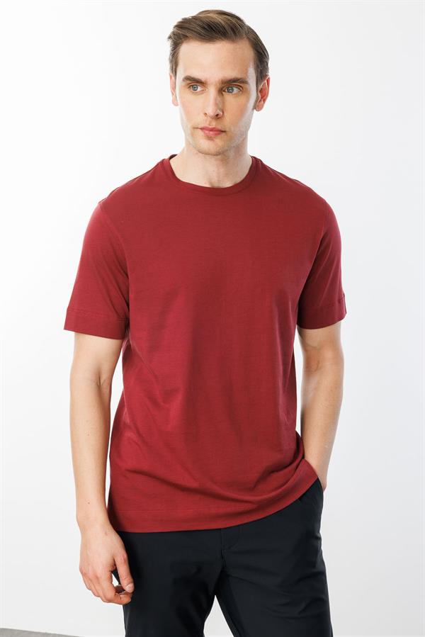 Erkek Sıfır Yaka Pamuklu T-shirt Bordo