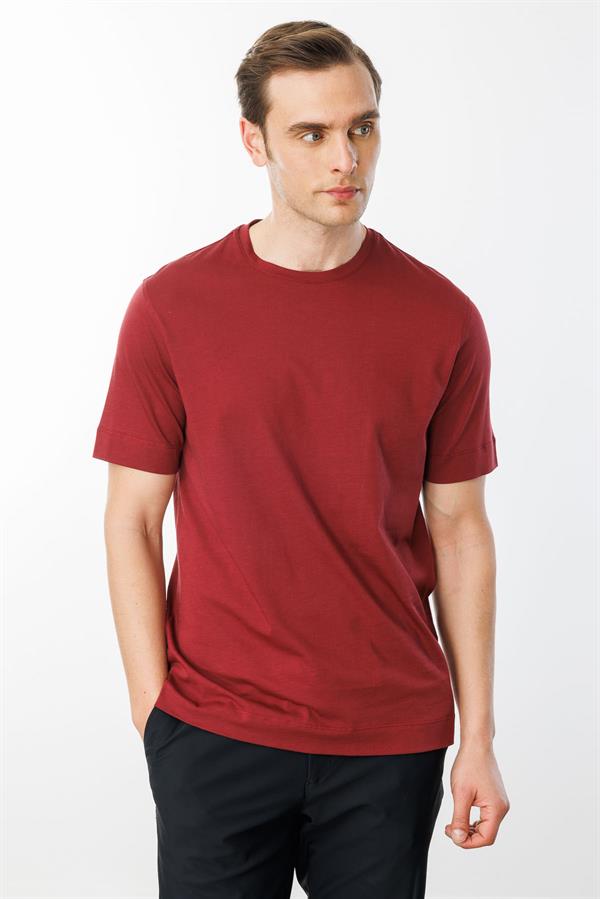 Erkek Sıfır Yaka Pamuklu T-shirt Bordo