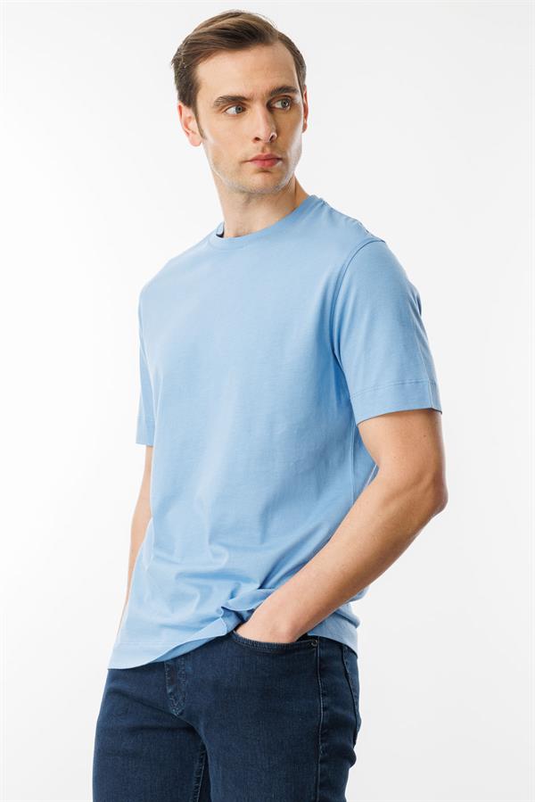 Erkek Sıfır Yaka Pamuklu T-shirt Mavi