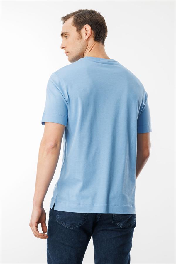 Erkek Sıfır Yaka Pamuklu T-shirt Mavi