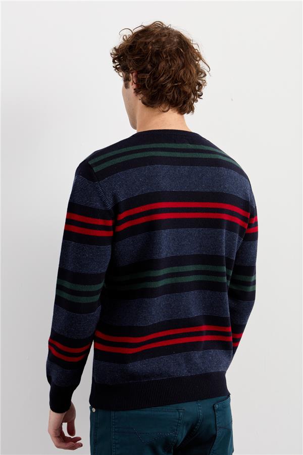 Мужской шерстяной свитер в красочную полоску темно-синий