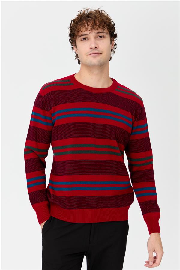 Мужской шерстяной свитер в красочную полоску темно-красный