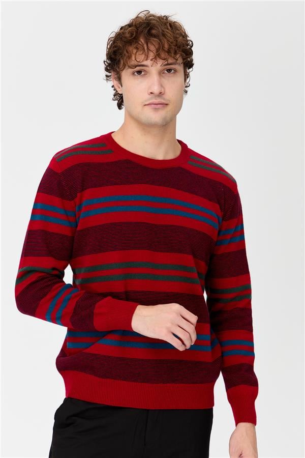 Мужской шерстяной свитер в красочную полоску темно-красный