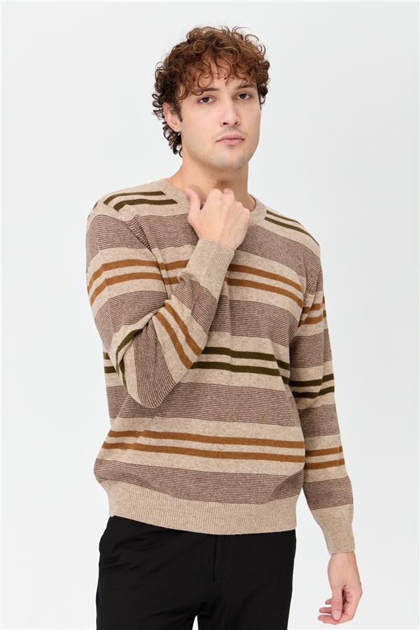 Мужской шерстяной свитер в красочную полоску Темно-бежевый