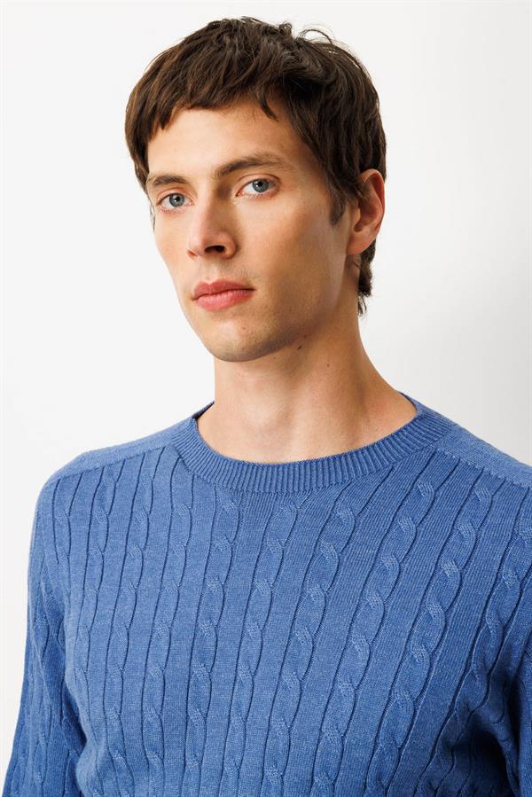 Erkek Sıfır Yaka Saç Örgülü Kazak İndigo