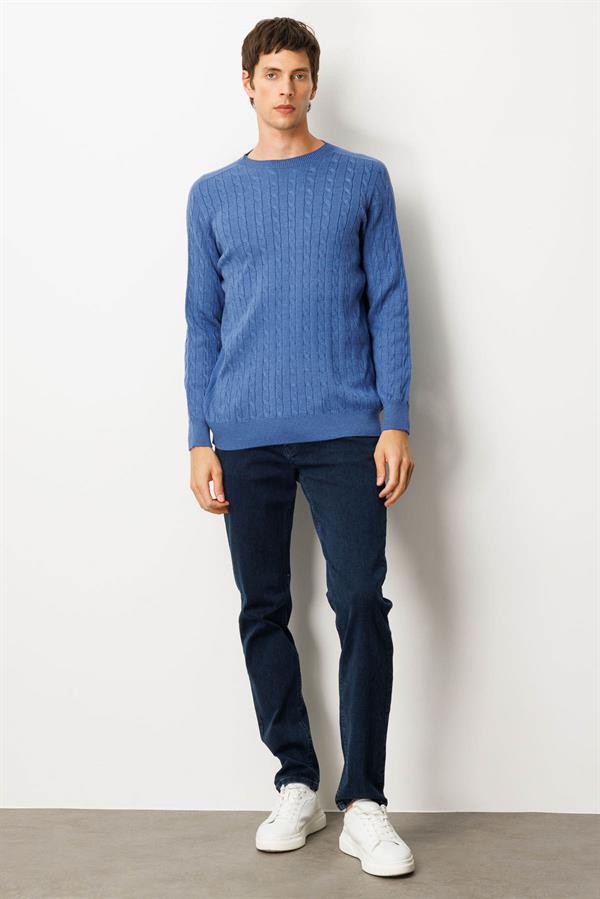 Erkek Sıfır Yaka Saç Örgülü Kazak İndigo