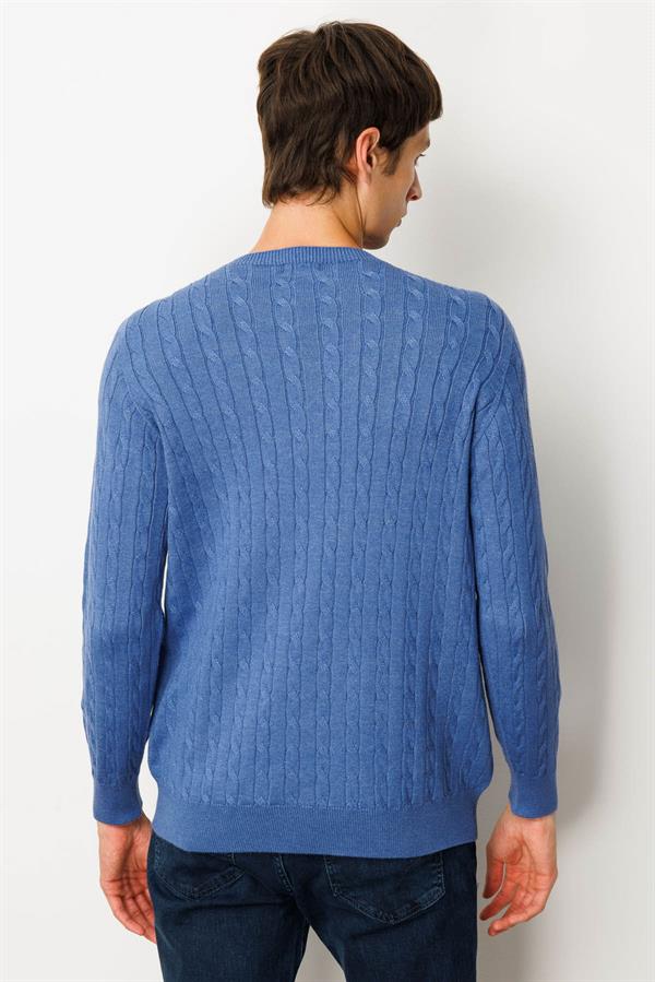 Erkek Sıfır Yaka Saç Örgülü Kazak İndigo