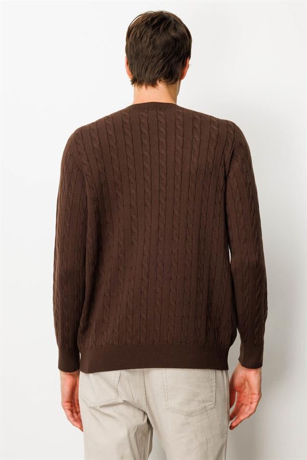 Erkek Sıfır Yaka Saç Örgülü Kazak Kahve