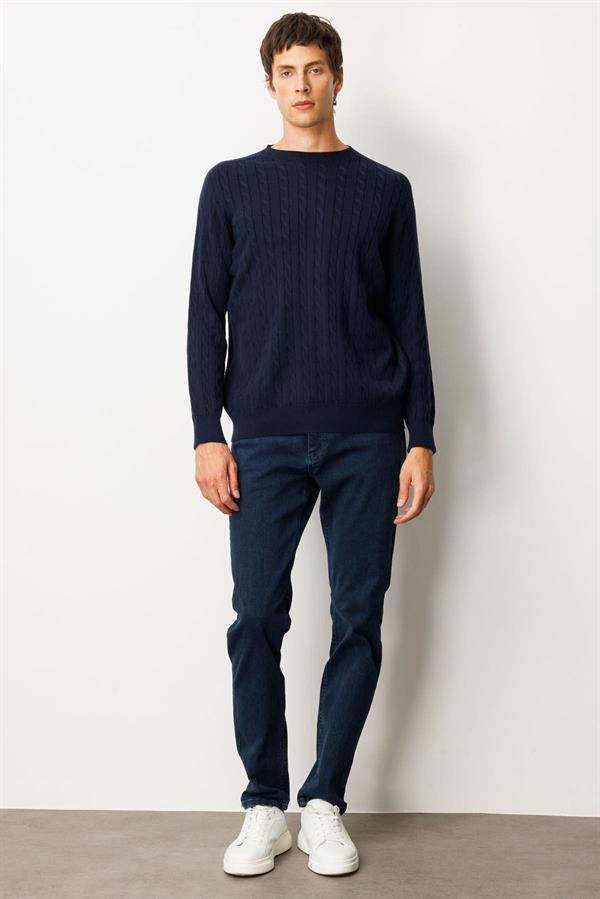 Erkek Sıfır Yaka Saç Örgülü Kazak K.Lacivert